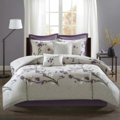 Cheapest 🎁 Madison Park Isabella Grey And Purple 8 Piece Cotton Comforter Set ❤️