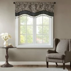 Best deal 🔥 Madison Park Whitman Jacquard Window Rod Pocket Valance With Beads - 50 X 18" Black 🧨 -Madison Park Sales unnamed file 2302
