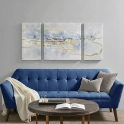 Budget ๐ Madison Park Cosmo Blue/ Gold 3 Piece Canvas Set Hand Embellished Textured Glitter And Gold Foil ๐
