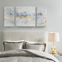 Alternative view of Budget 🎉 Madison Park Cosmo Blue/ Gold 3 Piece Canvas Set Hand Embellished Textured Glitter And Gold Foil 🎁