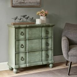 New 👏 Madison Park Scripta Green Bun Foot 3-drawer Chest 😀