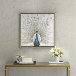 Deals 🌟 Madison Park Gilded Peacock Blue/ Neutral Framed Canvas With Gold Foil And Hand Embellishment ⭐