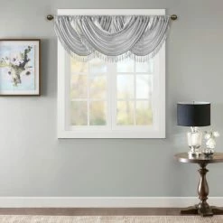 Best Pirce 🎁 Madison Park Juline Faux Silk Waterfall Embellished Valance - 38 X 46" Navy 🎉 -Madison Park Sales unnamed file 2692