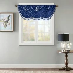Best Pirce 🎁 Madison Park Juline Faux Silk Waterfall Embellished Valance - 38 X 46" Navy 🎉 -Madison Park Sales unnamed file 2693