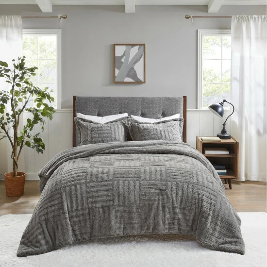 Wholesale 😀 Madison Park Polar Fur Down Alternative Comforter Mini Set Grey 🔥 3 Wholesale 😀 Madison Park Polar Fur Down Alternative Comforter Mini Set Grey 🔥