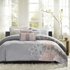 Flash Sale 🌟 Madison Park Brianna Grey/ Blush Cotton Sateen Printed 6-piece Duvet Cover Set 🔔