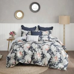 Cheapest 😍 Madison Park Kalina Dark Blue 8 Piece Cotton Printed Reversible Comforter Set 😉