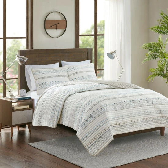 Discount ⌛ Madison Park Joshua 3 Piece Reversible Printed Microfiber Seersucker Coverlet Set Taupe Multi ⭐ 5 Discount ⌛ Madison Park Joshua 3 Piece Reversible Printed Microfiber Seersucker Coverlet Set Taupe Multi ⭐ - Image 3