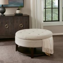 Coupon 🤩 Madison Park Javier Round Storage Ottoman Cream/brown 🛒