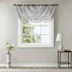 Promo 😉 Madison Park Iris Diamond Sheer Embroidered Waterfall Rod Pocket Valance - 38 X 46" White/grey 🥰 -Madison Park Sales unnamed file 4875