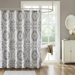 Wholesale 😉 Madison Park Torin Grey Cotton Printed Shower Curtain 🎁