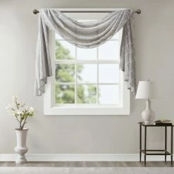 New 🎉 Madison Park Iris Diamond Sheer Embroidered Window Curtain Scarf Grey ✨ -Madison Park Sales unnamed file 944
