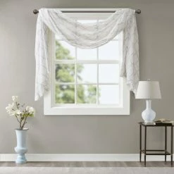 New 🎉 Madison Park Iris Diamond Sheer Embroidered Window Curtain Scarf Grey ✨ -Madison Park Sales unnamed file 945